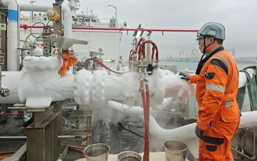 Frost forming on piping and valves during pre-cooling.